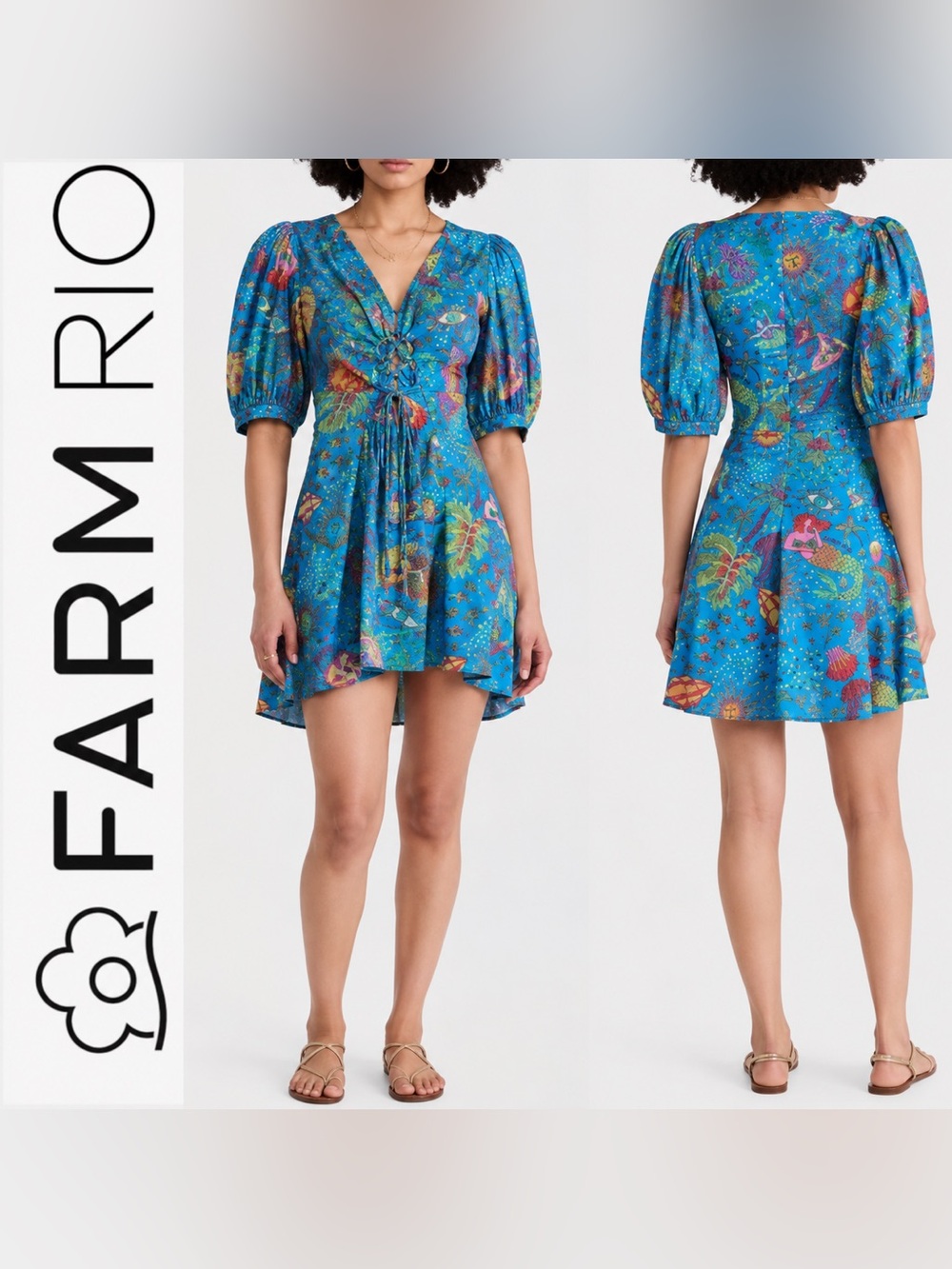 FARM Rio Blue Tropical Lace-Up Back Mini Dress Size Small
